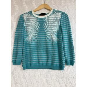 St. John Tropical Sweater Sheer Stripe Turquoise White Cashmere Wool Blend Small